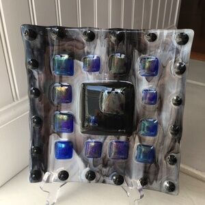Fused Art Glass Dish/Plate Square w/Textured Iridescent  Accents